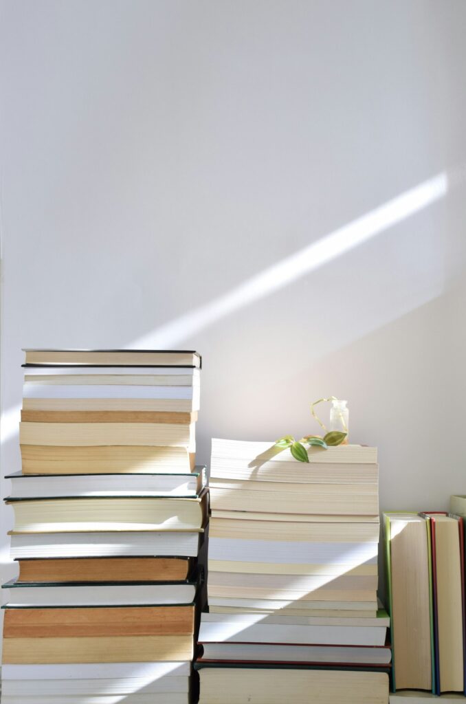 Stacked books with a small plant